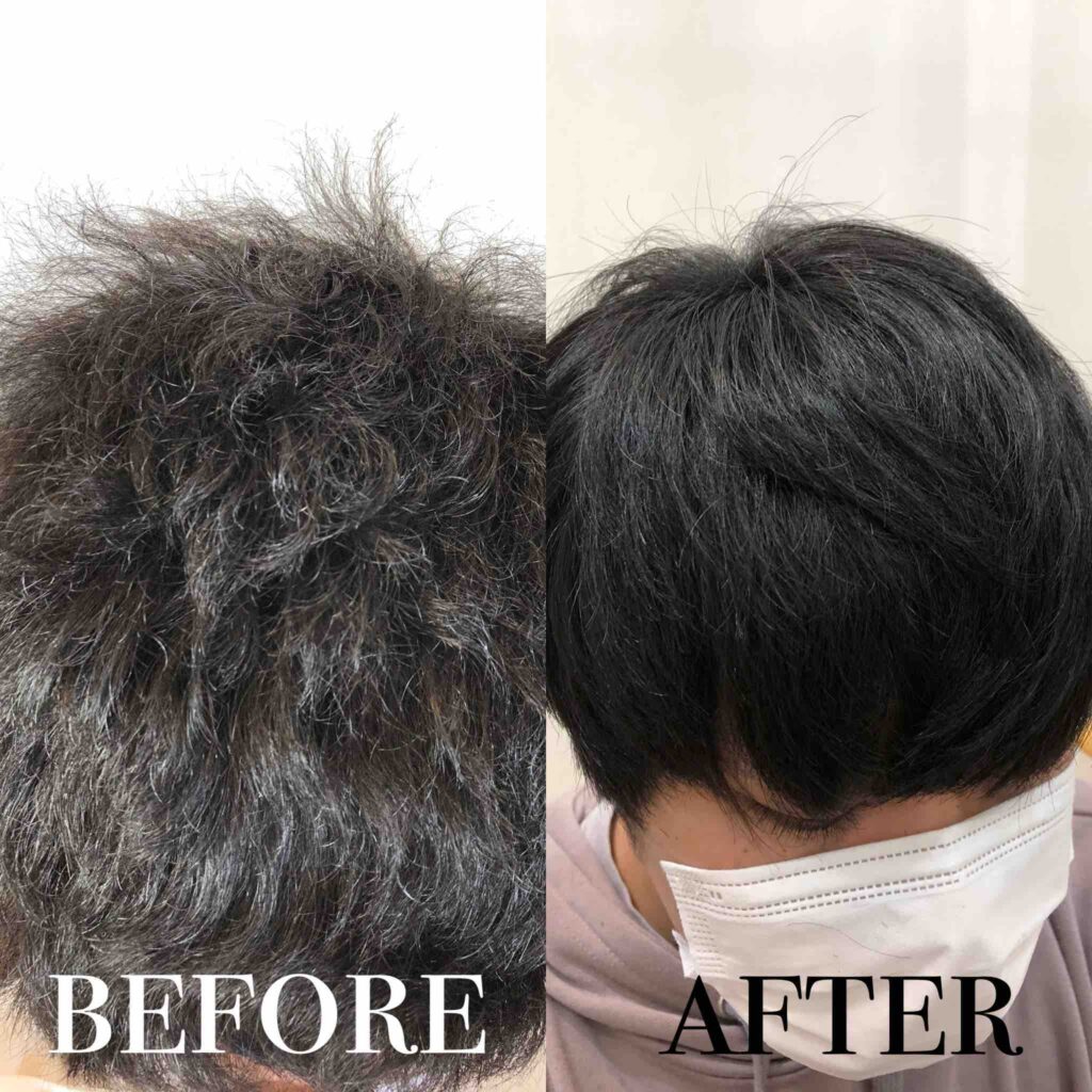美容室careの髪質改善ストレートによるビフォーアフター。強いうねりやクセ毛を、自然で柔らかなストレートヘアへ改善。