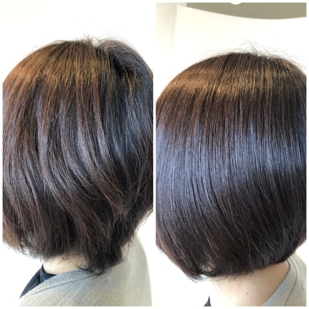美容室careの髪質改善カットによるビフォーアフター（ダメージによるパサつきを解消し、まとまりのある艶髪ショートボブへ）