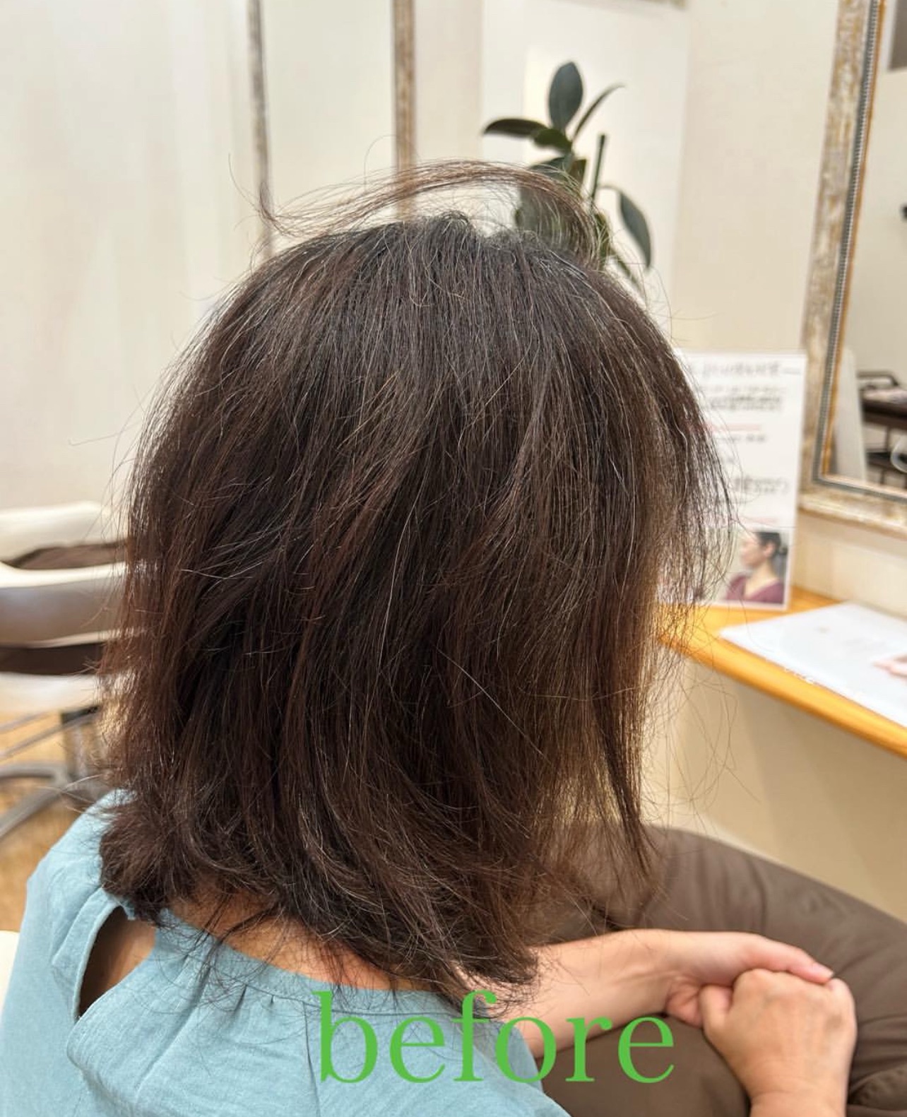 施術前の状態。年齢による髪の細さやチリつき、広がりにお悩みのお客様