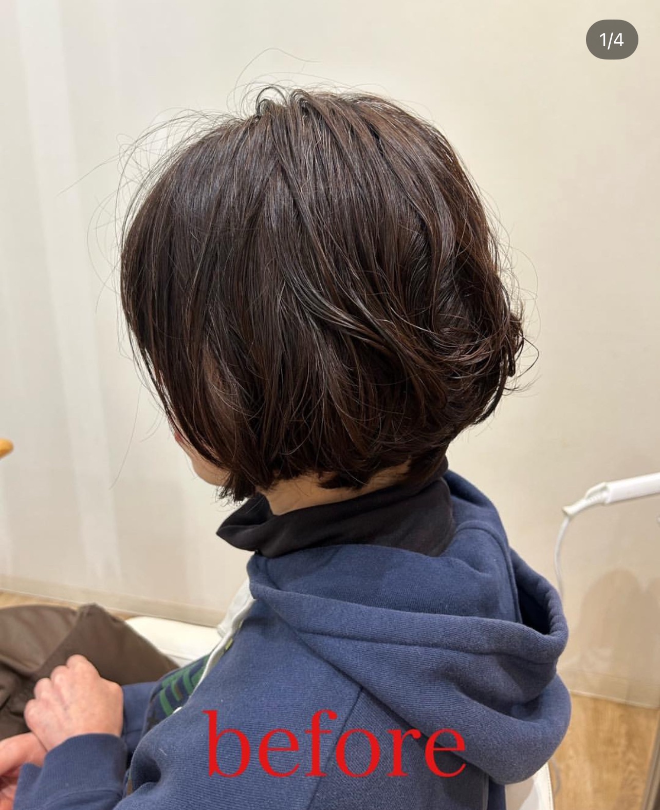 ご来店当初の状態。重たい黒髪の白髪染めで、癖毛による広がりを抑えるためにオイルが必須だった頃