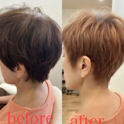 頻繁な白髪染めでお悩みだったお客様のビフォーアフター。ブリーチを使った白髪ぼかしで透明感のある明るいカラーへ（南魚沼市 美容室care）