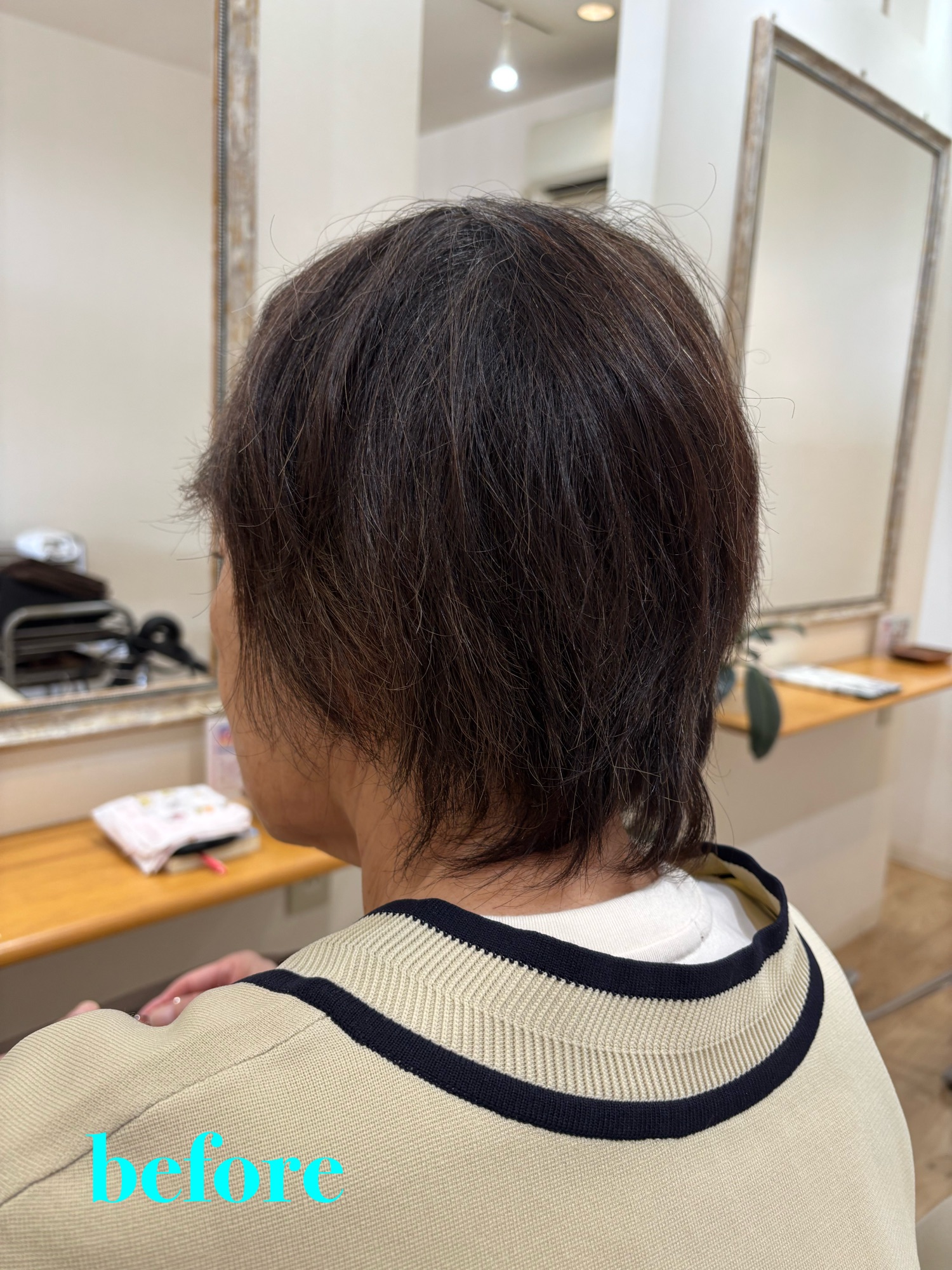 施術前の状態。夏のダメージにより色が抜け、少しパサつきや重たさが出ているショートヘア