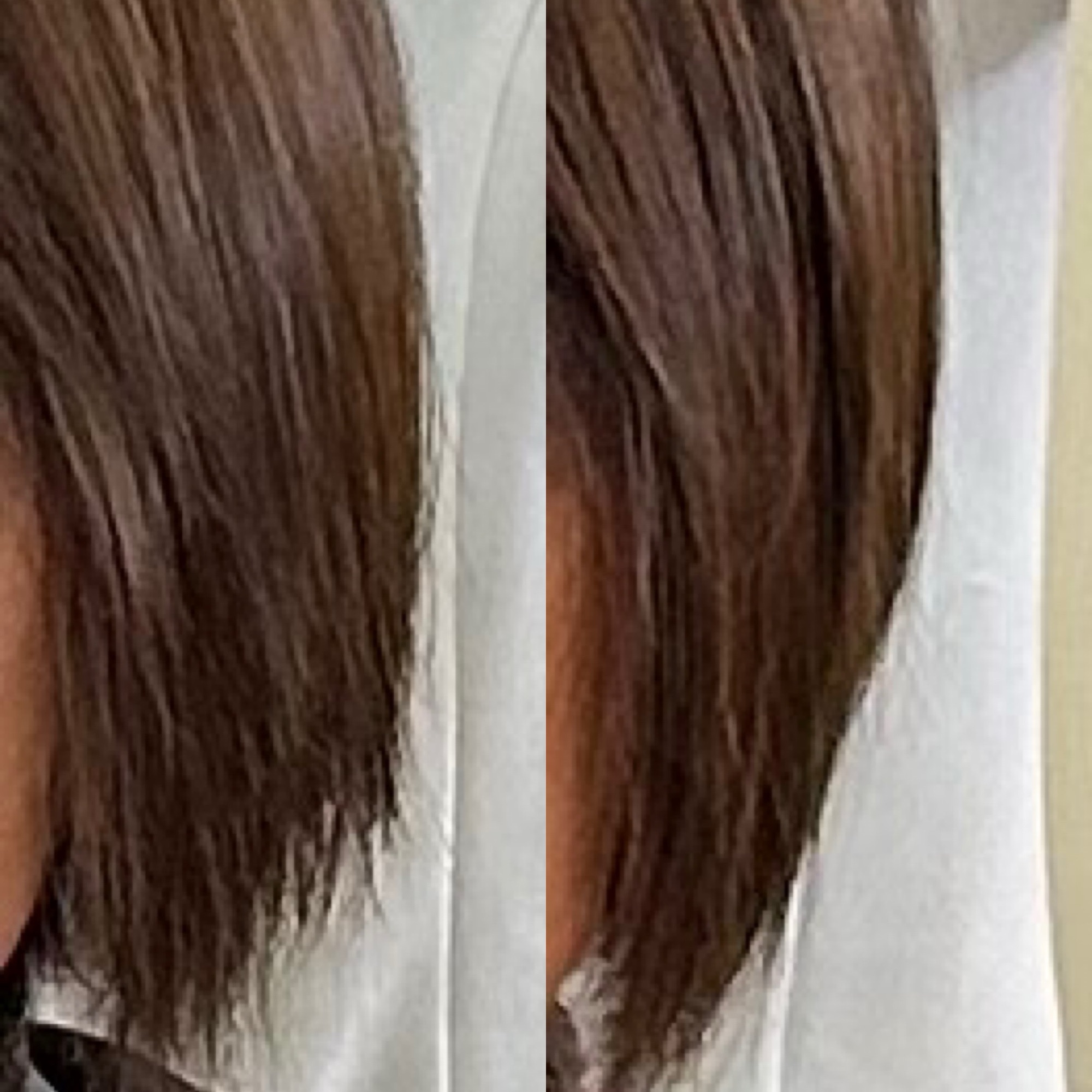 傷んで広がっていた毛先をカットし、タイトにまとめたビフォーアフター
